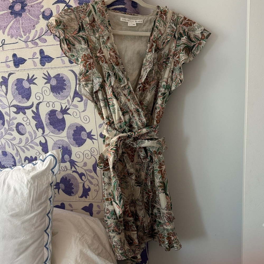 Veronica Beard Cream Wrap Dress with Green & Brown Paisley